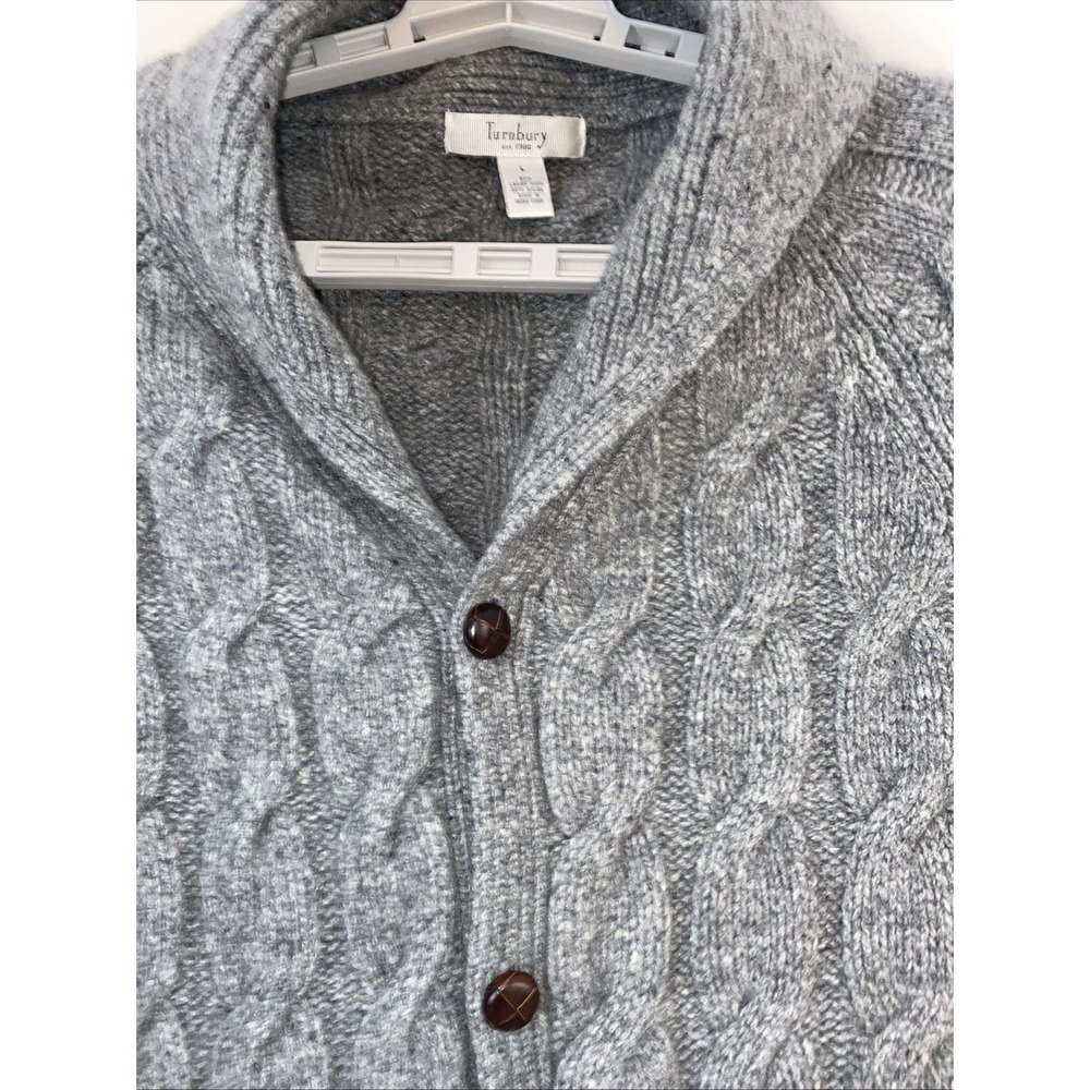 Turnbury Merino Wool Cable Knit Sweater Gray Cardigan Mens L Wood Buttons Grampa - Picture 4 of 12